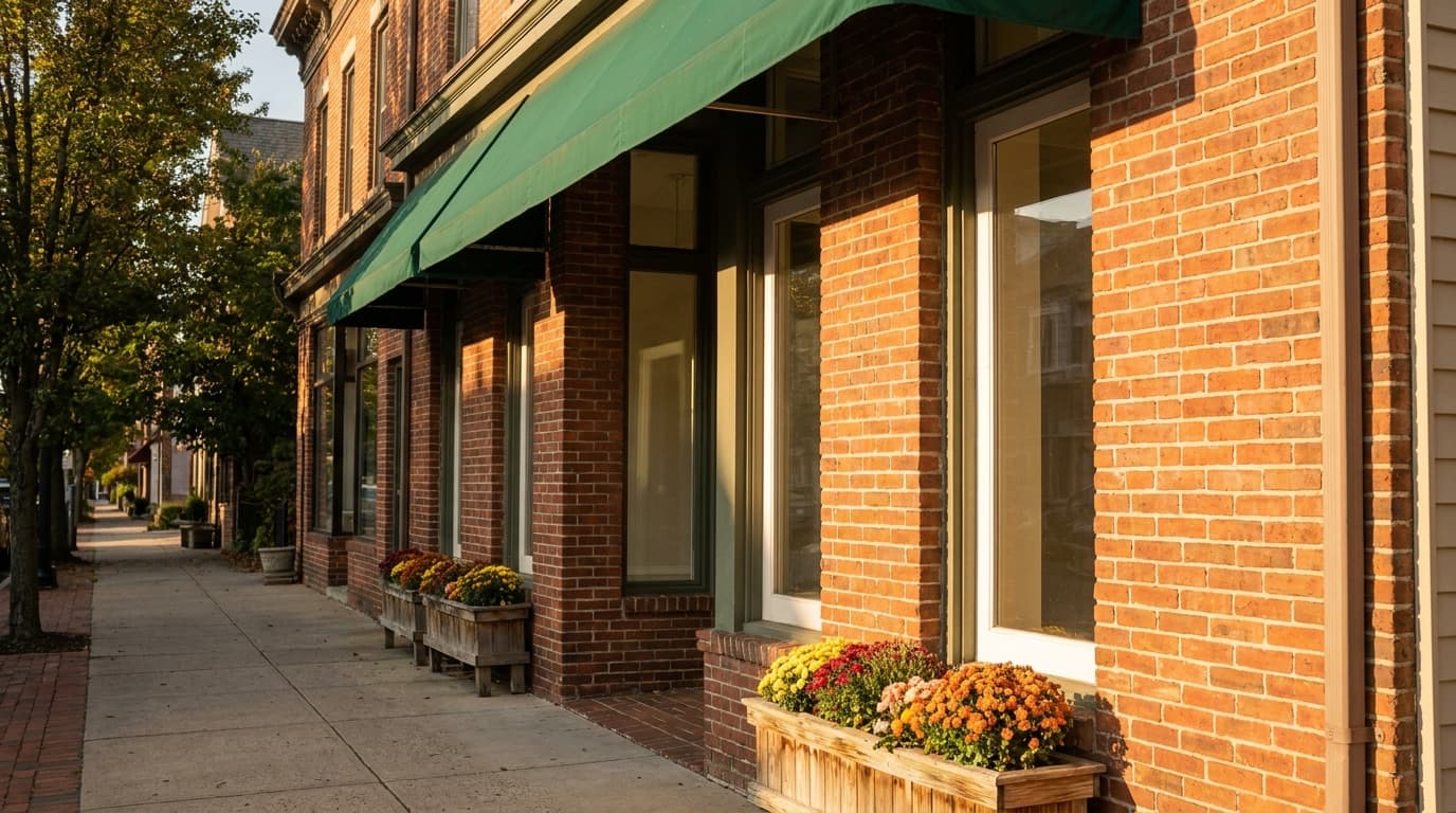 A brick office storefront with a green awning on a quiet main street