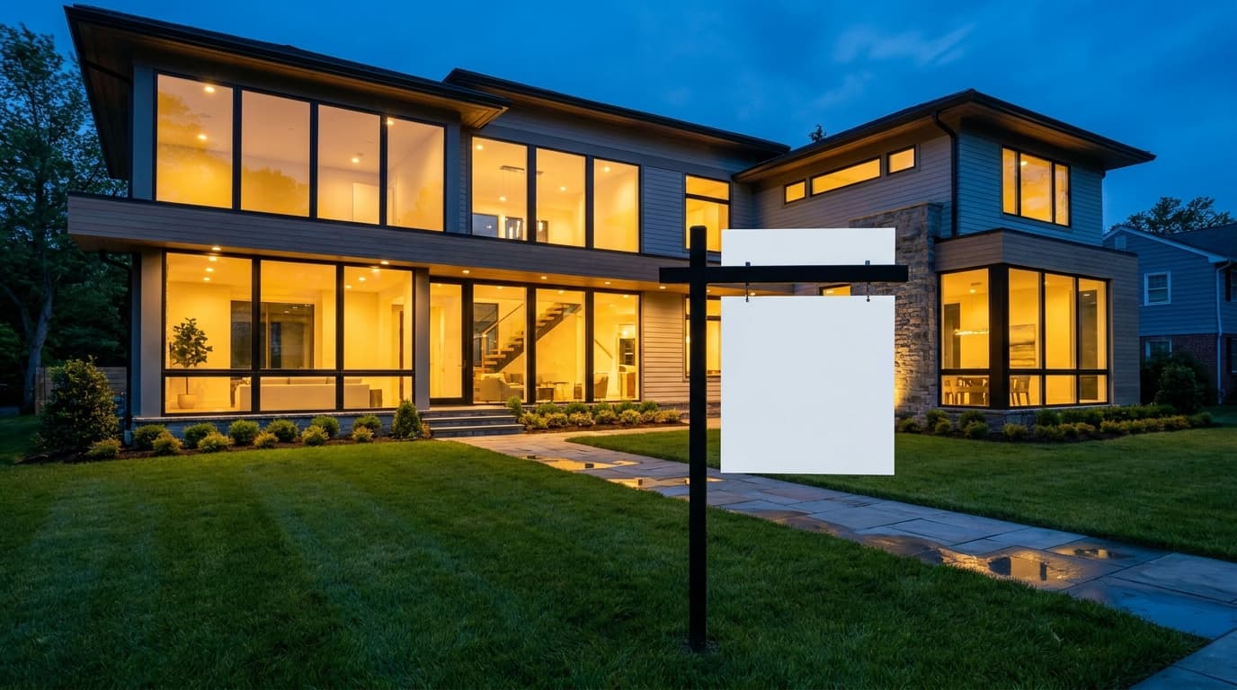 A modern house at dusk, its windows lit, a blank sign standing on the lawn
