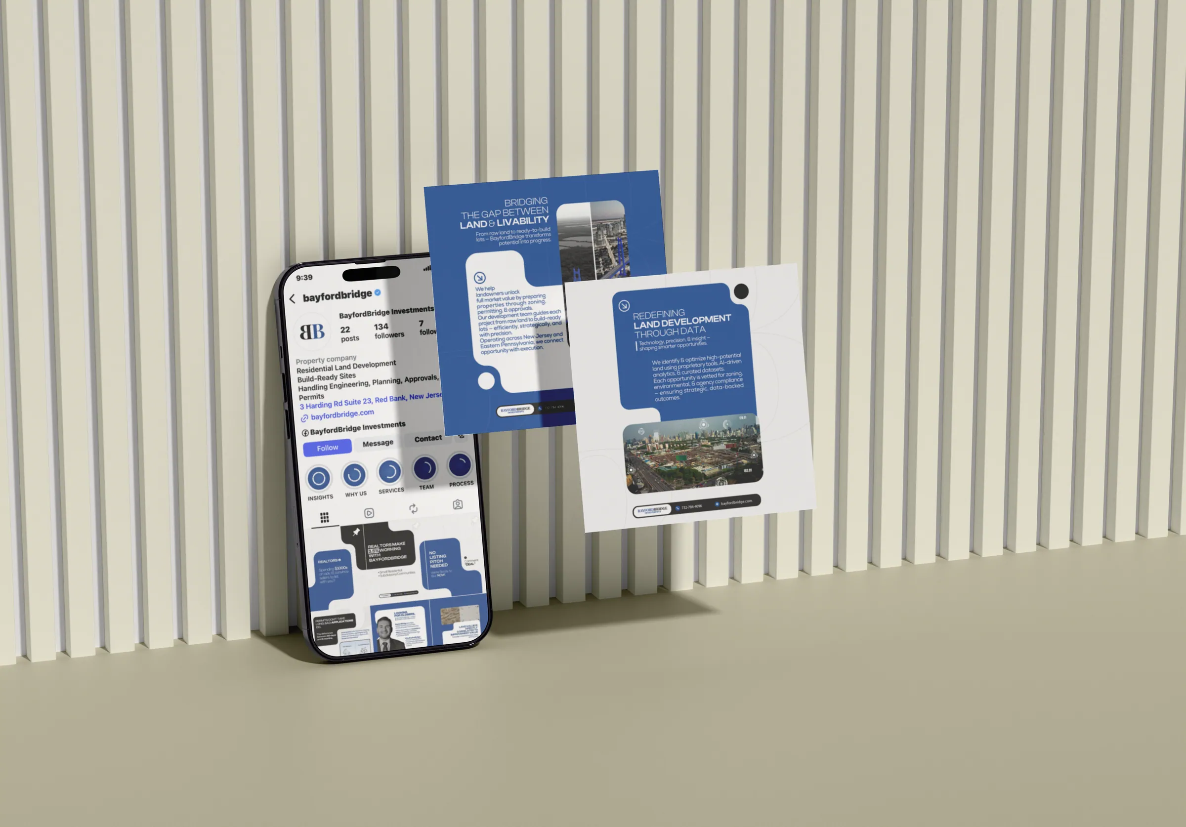 BayfordBridge social posts on a phone against a ribbed wall