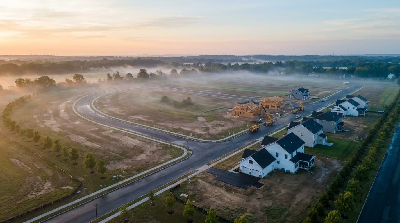Aerial view at dawn of a new residential community under construction, roads curving through mist