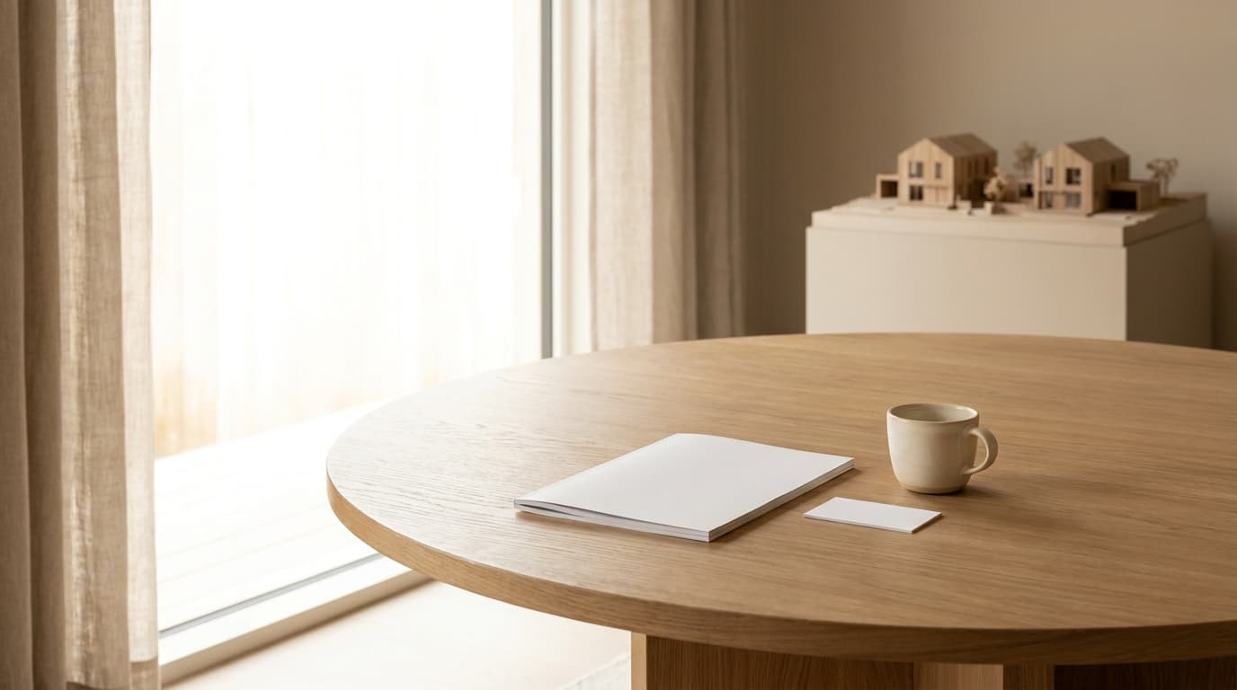 A meeting table by a bright window, a closed folder and a cup on it, two house models behind