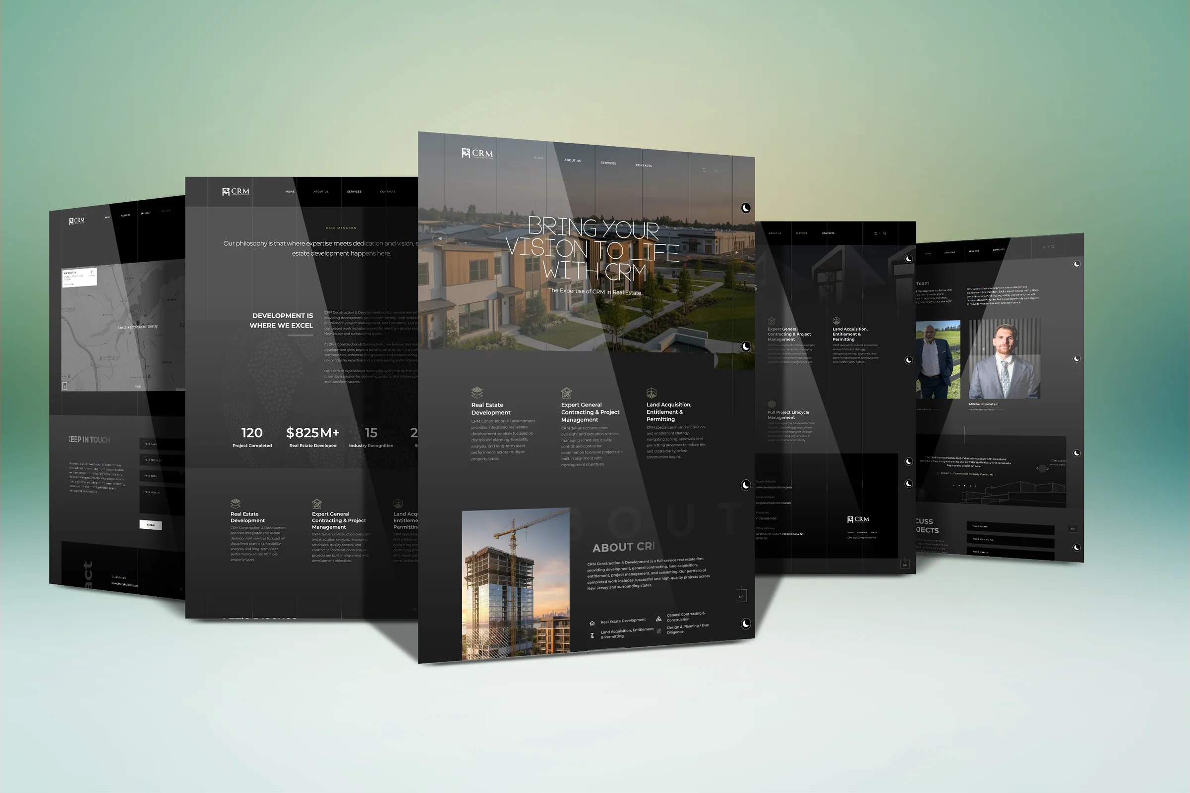 CRM Construction and Development website pages shown side by side